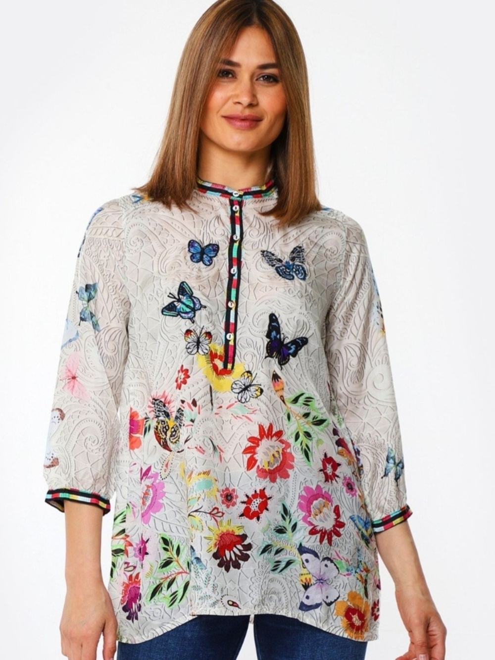 JOHNNY WAS KENDRA SILK TUNIC CREAM EMBROIDERD BUTTERFLIES FLORAL WOMENS MED - Picture 16 of 16